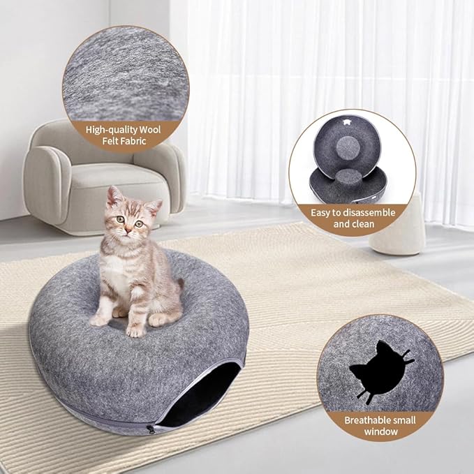 Cat Tunnel Bed for Indoor Cats, Scratch Resistant Donut Cat Bed Cave, Indoor Cat Hideout, Detachable Round Felt & Washable Interior Cat Play Tunnel for Small Pets