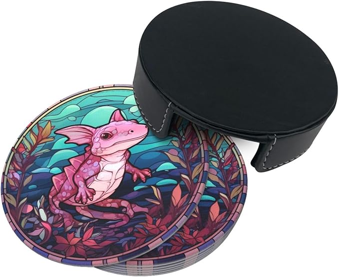 Axolotl Drink Coaster Set of 6, Axolotl Decor Gifts, Leather Drink Coasters with Holder, 6 Pack Cup/Bar/Drink Coasters for Table/Drinks/Coffee Protection Housewarming Gift (Axolotl)