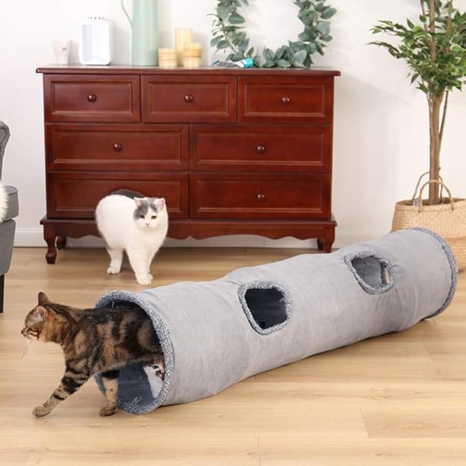 Collapsible Cat Tunnel, Durable Suede Pet Toys Play Tunnel with Ball and Hole, for Cats, Rabbits, Kittens, Puppy and Small Pets (Grey 51x12inch)
