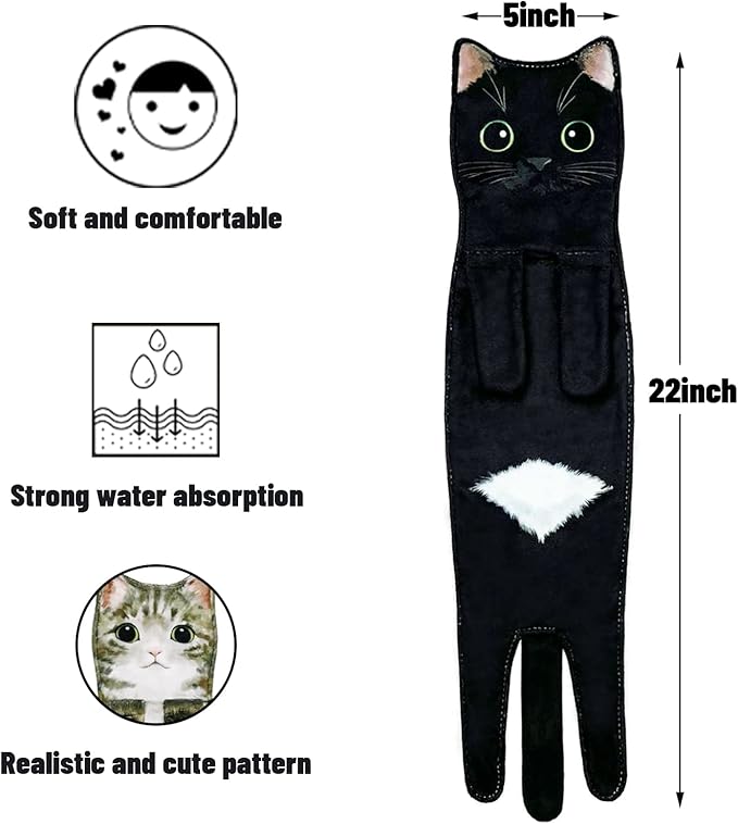 Hand Towels for Bathroom Kitchen,Cute Cat Quick-Dry Hanging Hand Towels Decorative for Bathroom Face Towels,Funny Gifts for Cat Lovers (Black)
