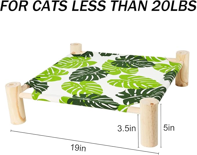 Patas Lague Cat and Dog Hammock Bed Small Dog Bed, Wooden Cat Elevated Cooling Outdoor Bed for All Seasons, Cat Beds for Indoor Cats, Cat Cots Furniture Pet Bed Puppy Bed(Monstera Leaf)