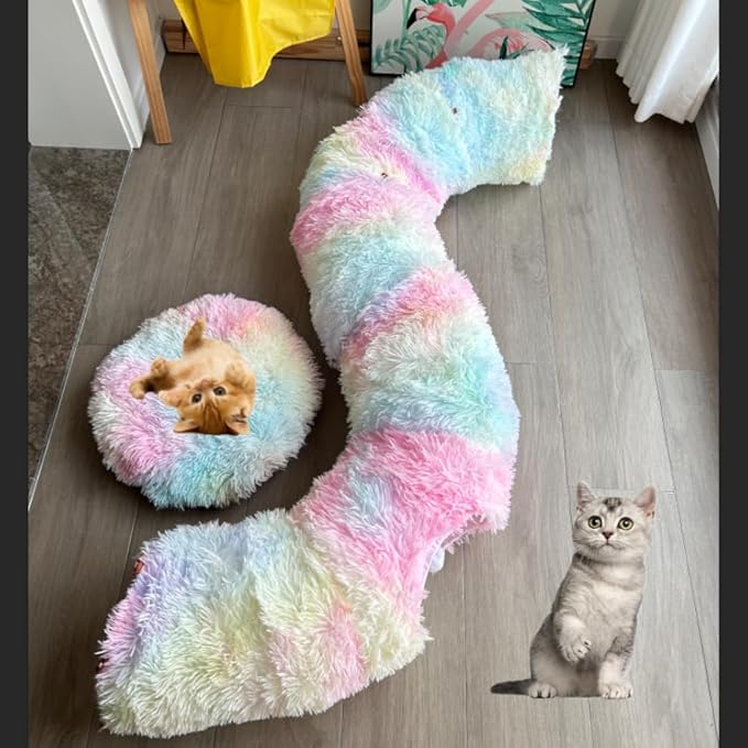 Cat Tunnel Bed, Tunnels for Indoor Cats Soft Warm Colorful Plush, Collapsible Interactive Tube Toys, Maze House with Peek Holes Dangling Ball for Rabbit, Kitten, Kitty, Puppy