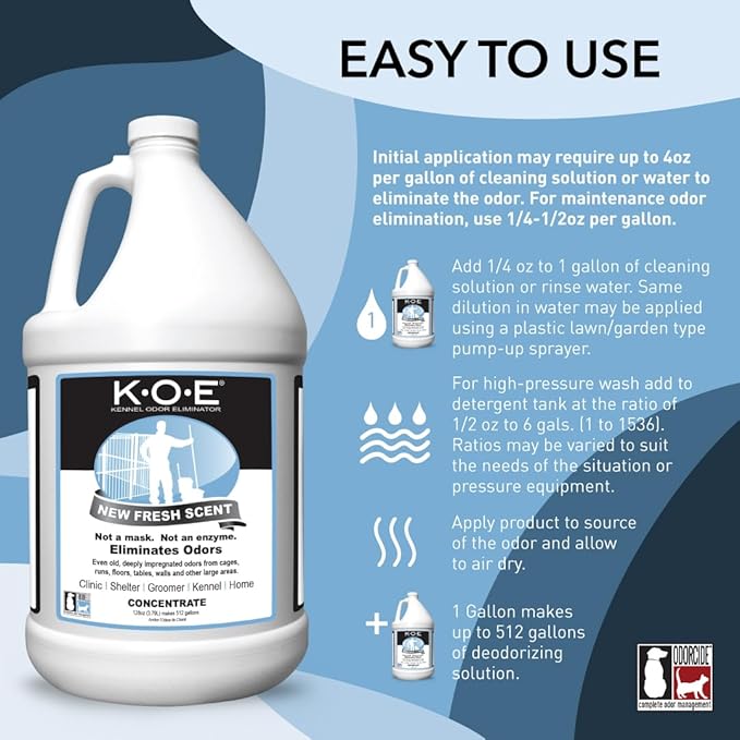 K.O.E. Fresh Scent Odor Eliminator Concentrate – Kennel Odor Eliminator for Strong Odor on Cages, Floor, & More – Non-Enzymatic Pet Odor Eliminator for Home & Dog Kennel – Home & Pet Supplies (1 Gal)
