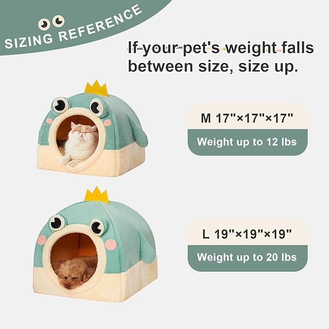 Jiupety Cat Beds for Indoor Cats, Cute Cat House for Cats and Puppy, Cute Cat Cave Bed with Removable Cushion, Large Cat Bed Cat Hideaway, 2-in-1 Cat Tent, M(17" × 17" × 17"), Green.