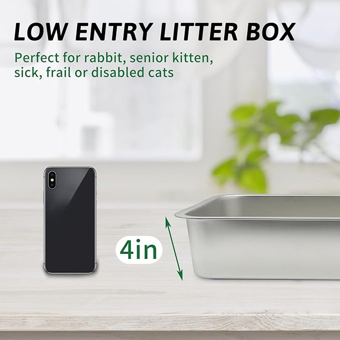 BNOSDM Stainless Steel Litter Box 4 Inch Height Cat Litter Pan for Kitten, Non Stick Metal Pets Toilet Boxes with Non-Slip Foot Mats and Litter Scoop, Easy to Clean (18x14x4)