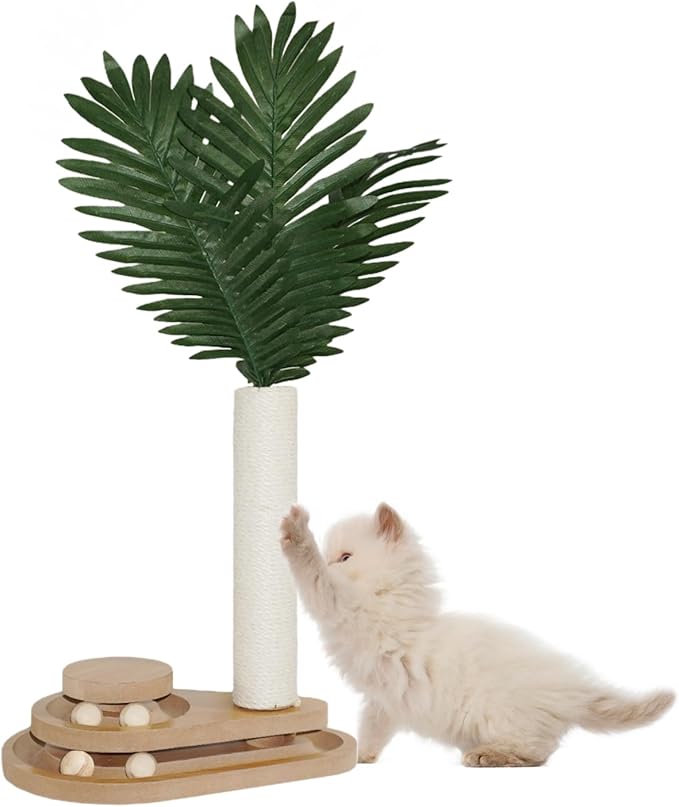 Cat Scratching Post, 23.6" Green Leaves Tall Scratching Post, 2 Layer Cat Ball Track Toy with 4 Removable Balls, Interactive Cat Toy with Natural Sisal Scratch Pole
