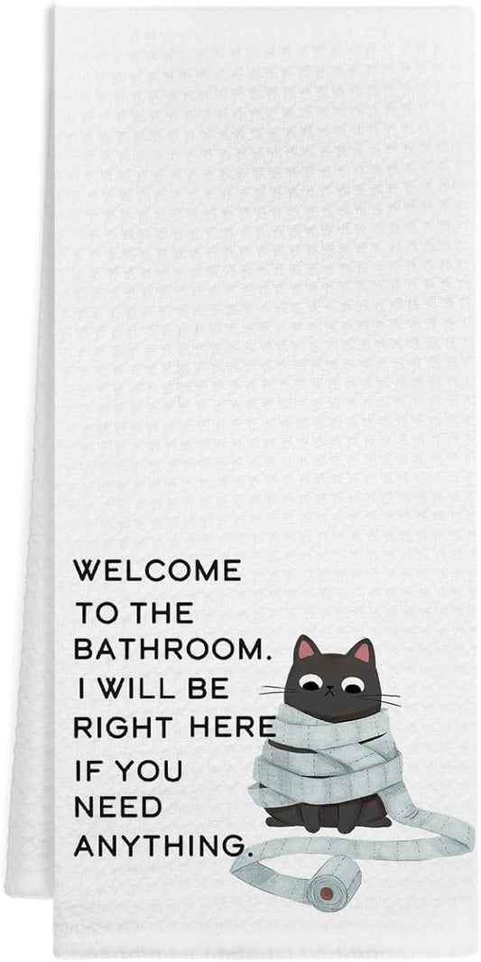 Black Cat Bathroom Hand Towels, Welcome to The Bathroom Humorous Black Cat Decorative Hand Towels, 16x24 Inch