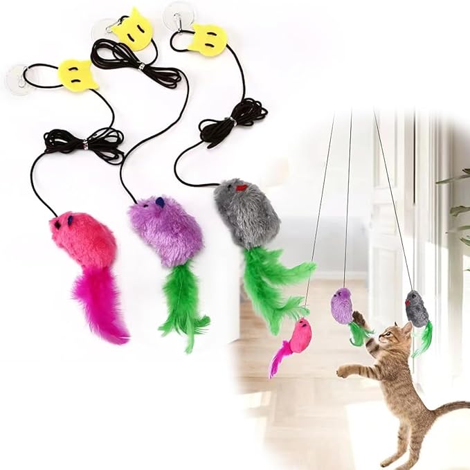 AYWVRBST 3 Pack Hanging Cat Toys, Self Play Chase Exercise, Make Sound, Adjustable Bouncy String, Hanging Mouse Cat Toy for Bored Indoor Adult Cats Kittens, Cat Teaser Toy, with Adhesive Hooks