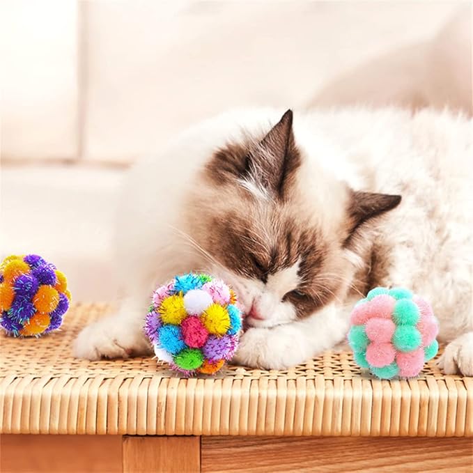 TUSATIY Cat Toys Balls with Bells 3PCS, Color Cat Pom Pom Balls,Tinsel Sparkle Balls,Interactive Toy for Indoor Cats Kitten