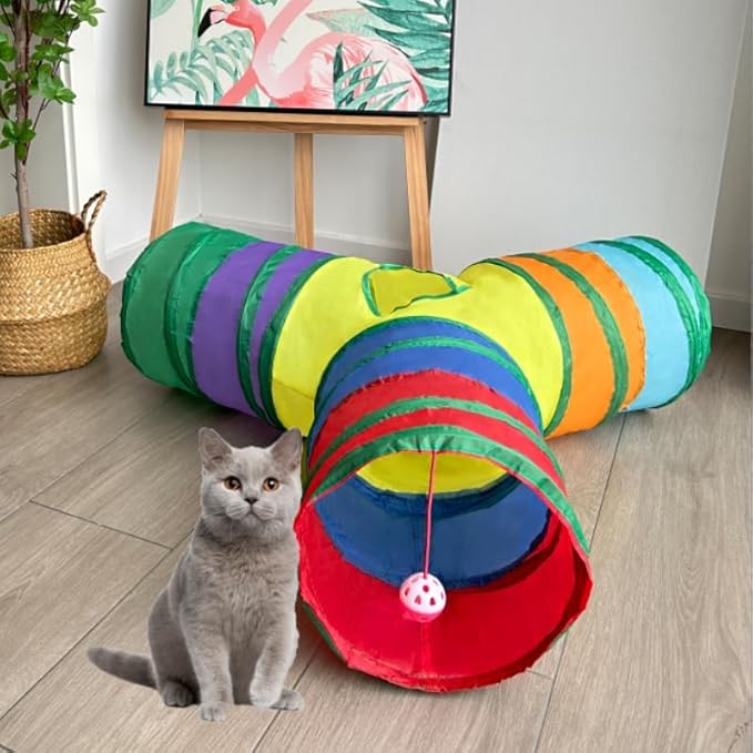 Cat Tunnel Tube Toys, Rainbow Tunnels for Indoor Cats, 3 Way Collapsible Interactive Toy Maze House with Peek Holes Dangling Ball for Rabbit, Kitten, Kitty, Puppy