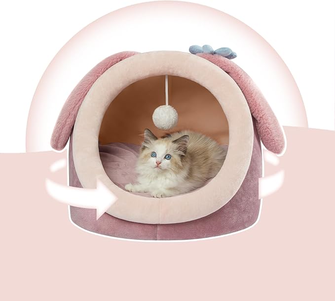 Jiupety Cat Bed Cave, Pink Cat Bed for Indoor Cats, Soft Cozy Cat Bed Cave Fit for Cat Up to 16 Lbs and Puppy, Pink Rabbit, M.