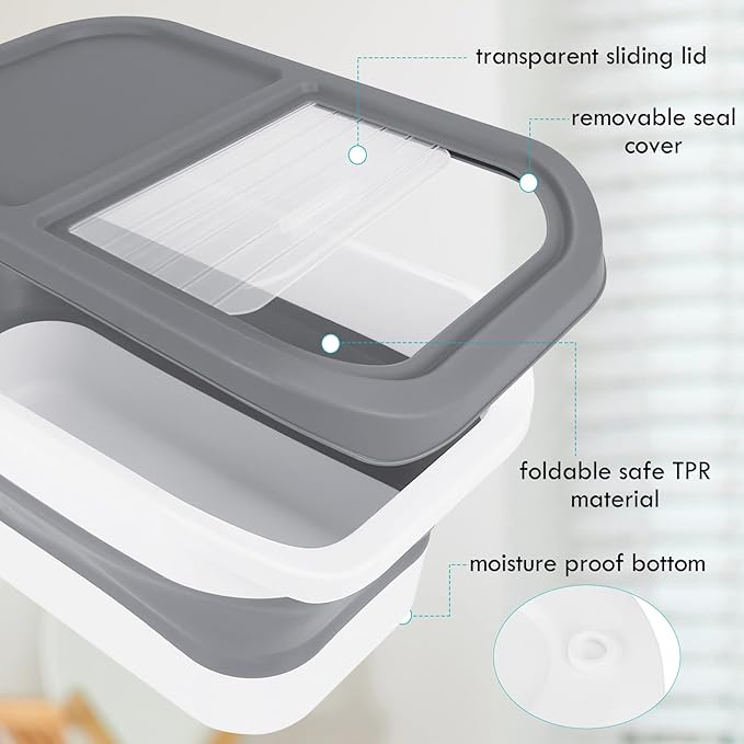 Pet Food Storage Containers, Collapsible Cat Food Container with Transparent Sliding Lid,10-13 lb Plastic Dog Food Bin with Measuring Cup and Dog Food Scoop