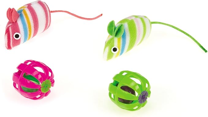 Striped Mice and Jingle Balls Cat Toys, 4-Packs