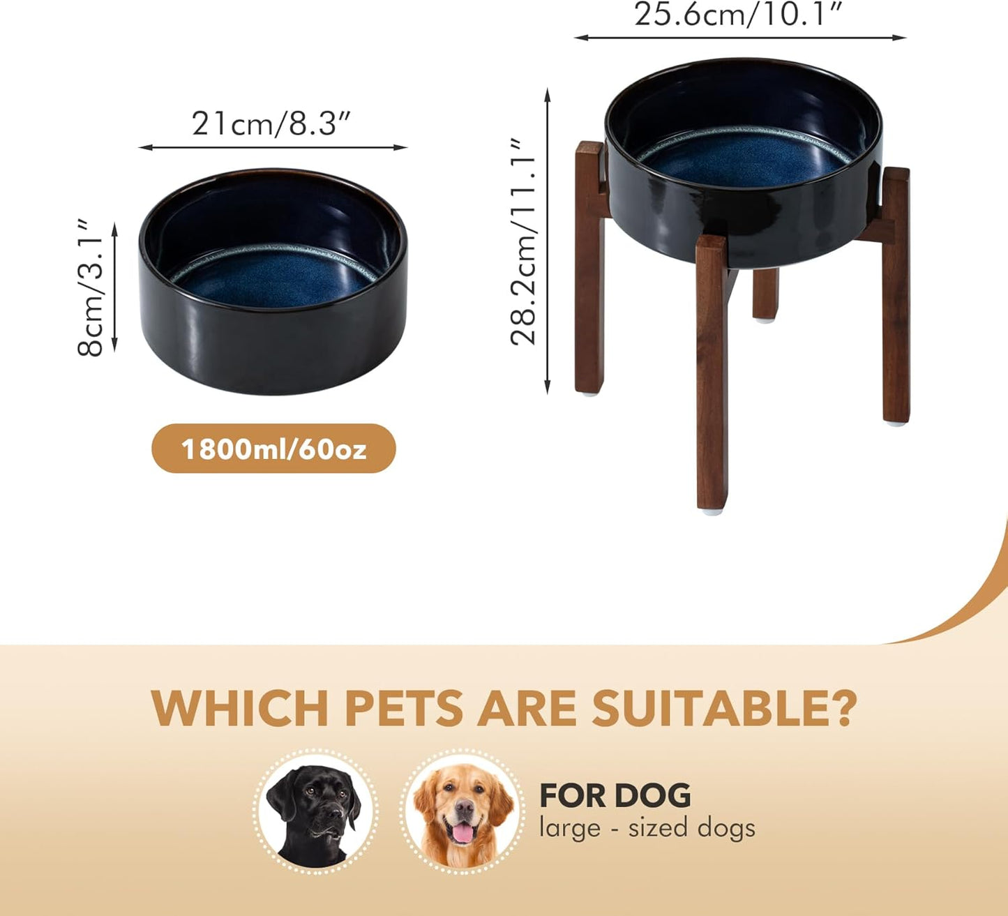 Ceramic 8.2inch Raised Dog Bowl Set, Elevated with Acacia Wood Stand, Food and Water Bowl for Large Breed Dogs, Weighted Pet Dishes(60oz, Starry Sky)