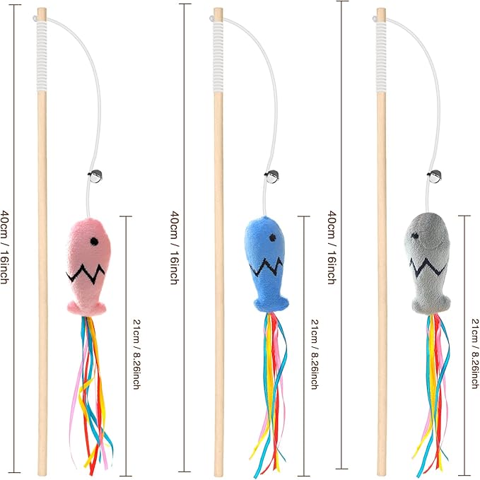 Fashion&cool Cat Wand Toy, 3pcs 16 Inch Natural Wooden Cat Teaser Wand with 5 Pcs Silvervine Sticks for Cat, Interactive Elastic String Cat Stick Pole Toy for Indoor Cats