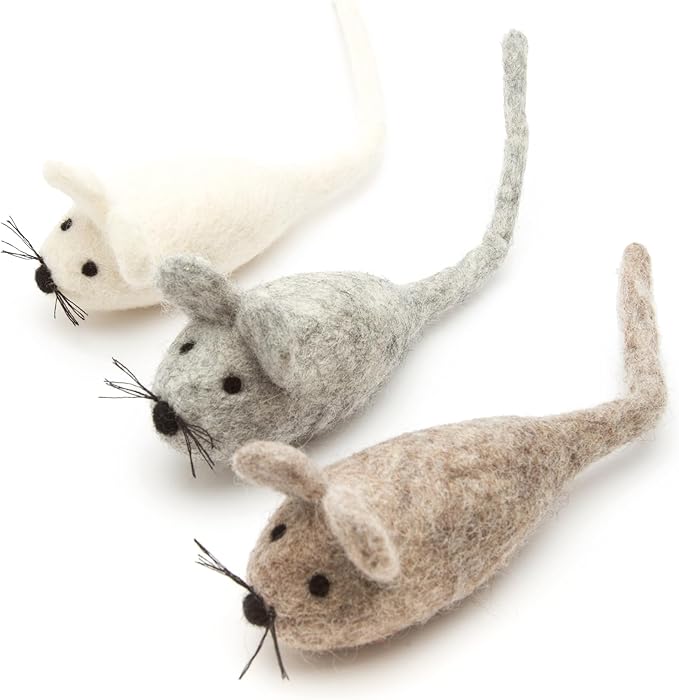 Glaciart One Felt Mouse Cat Toy – 3 Pcs | Soft Fuzzy Enrichment 100% Natural Wool Toy - Interactive Catnip Play Cat Toy Set - Safe for Pets, Non-AZO Colored Dyes