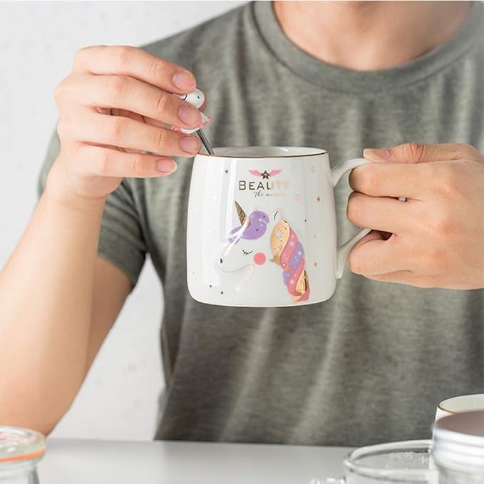 BigNoseDeer Unicorn Mug Cute Ceramic Coffee Mug with Lovely Unicorn Spoon, Morning Cup Novelty Coffee Tea Milk Christmas Mug Gift for Girls Magic Unicorn Lovers 380ML (Pink Unicorn)