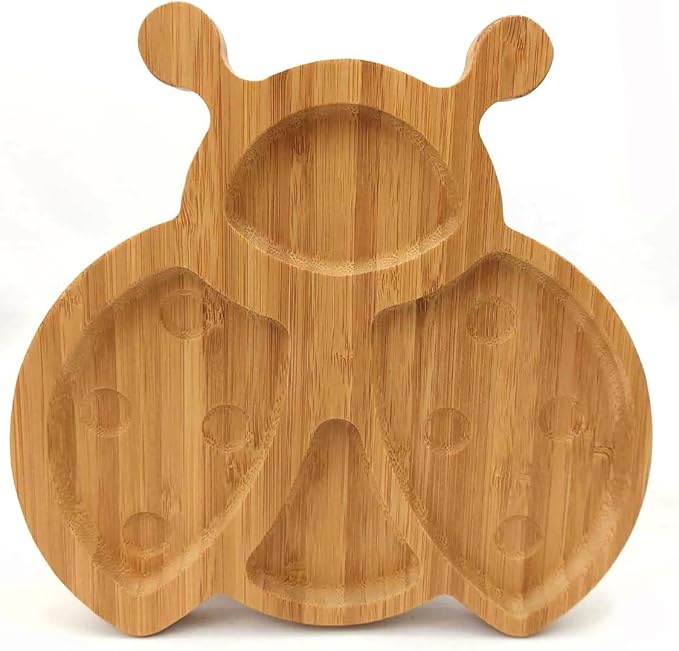 4916, Bamboo Food Plates for Snacks, Appetizer, Fruit, Vegetable - Divided Four Compartments, Eco-Friendly, Ladybug Shaped, 8x8.25 inches, 1 Pack