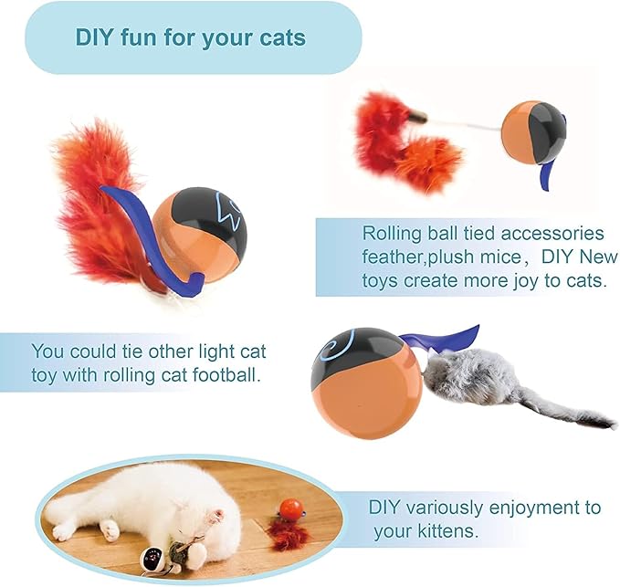 Migipaws Interactive Cat Ball Toy Set, Fun Tracker, Automatic Rolling Chase Ball with Fluffy Tail, A Small Mice, Rechargeable（Orange）