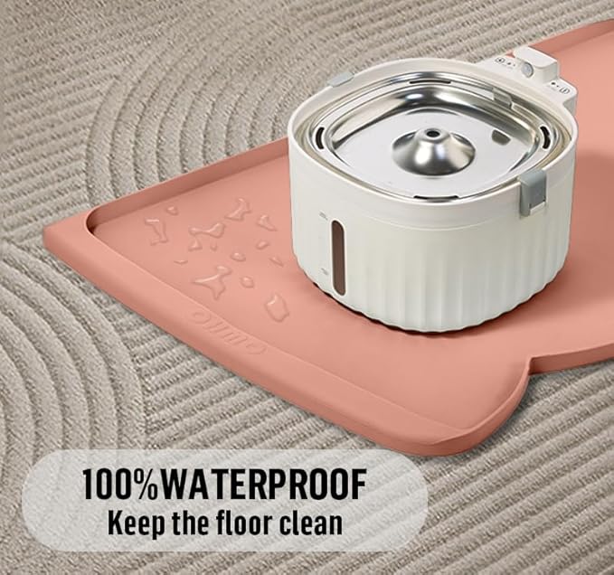 OHMO Dog Food Mat(Rose, 24 * 15'') w/Residue Collection Pocket Silicone Pet Feeding Mat for Floor High Edges Anti Spills Waterproof Cat Water Bowl Tray, Easy Clean Placemat