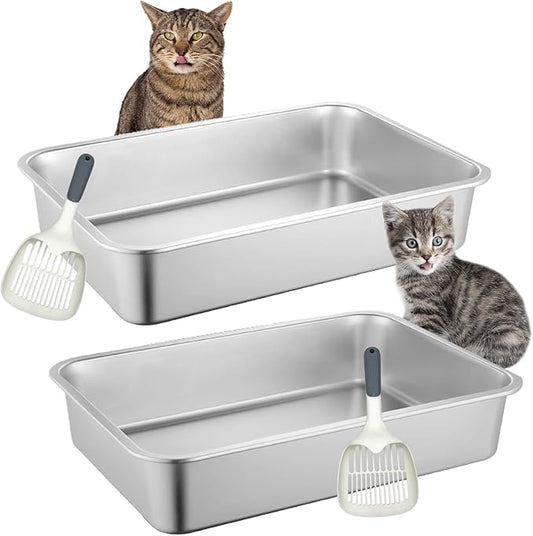 BNOSDM Stainless Steel Litter Box 2 Pcs Cat Litter Pan for Kitten, Pet Metal Toilet Boxes with Non-Slip Foot Mats and Litter Scoop, Easy to Clean (18x14x4)