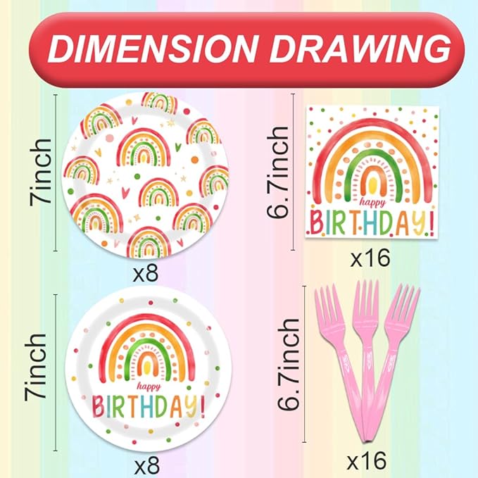 48Pcs Rainbow Birthday Decorations Colorful Boho Rainbow Tableware Set Disposable Plates Napkins Forks Serves 16 Bohemian Retro Rainbow Happy Birthday Party Decorations