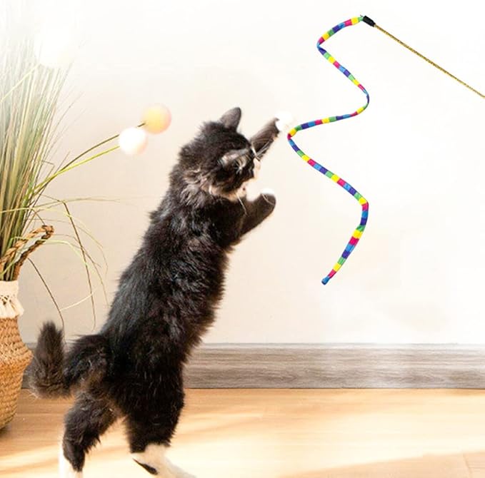 Cat Wand Toys, 3 PCS Flexible Cat String Toy with Bell Rainbow Cat Ribbon Toy Interactive Cat Toys for Indoor Cats Kittens