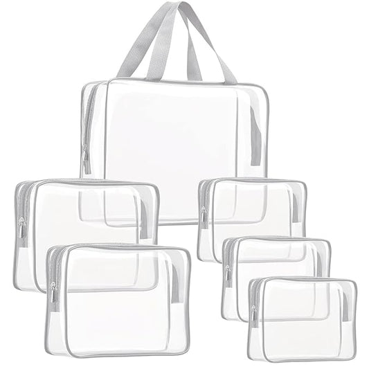 6Pcs Crystal Clear PVC Travel Toiletry Bag Kit for Women Men, Waterproof Vinyl Packing Organizer Storage Bags with Zipper Handle Straps, Cosmetic Pouch Carry on Airport Airline Compliant Bag Handbag