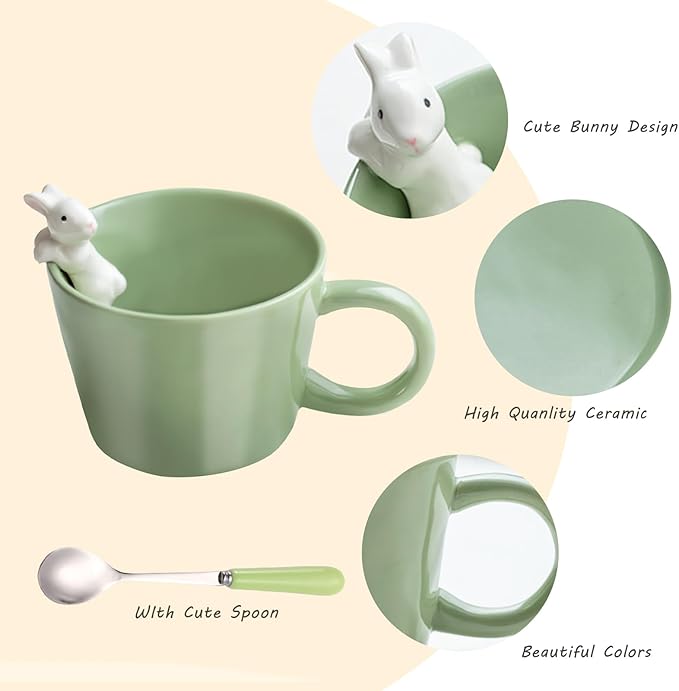 BigNoseDeer Cute Easter Bunny Mugs with 3D Rabbit Inside Kawaii Ceramic Rabbit Coffee Mug with Spoon Cute Gifts Easter Gifts Gag Gifts for Women White Elephant Gifts for Adults 12oz (Green)