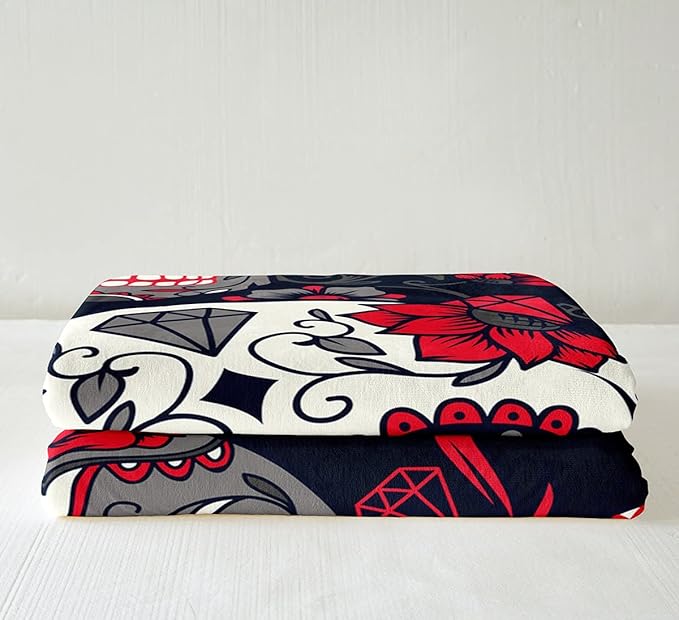 Floral Sugar Skull Fleece Throw Blanket Baby 30"x40" Flowers Printed Sherpa Blanket Decorative Microfiber Gothic Skeleton Plush Scary Horror Design Red Black Fuzzy