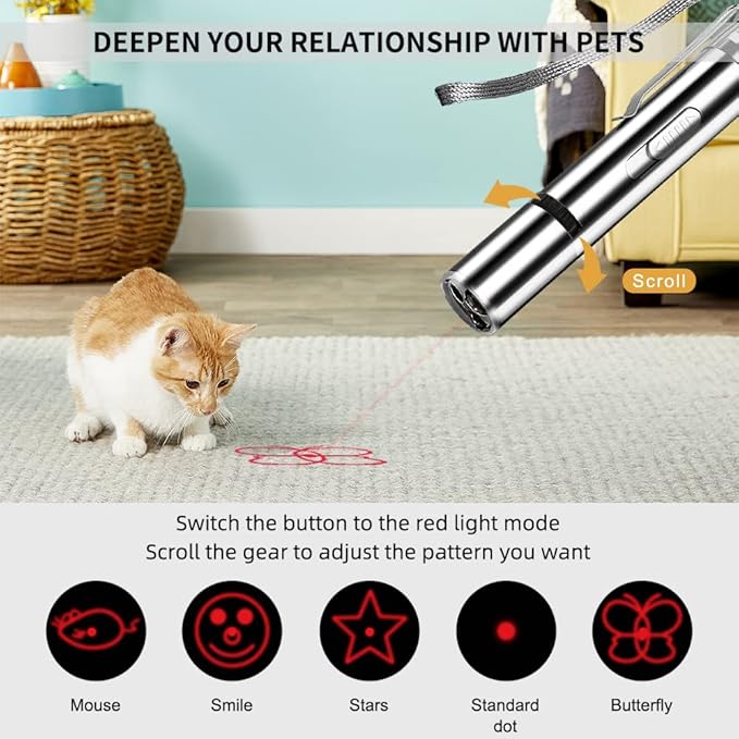 Laser Pointer Cat Toys with Torch and Money DetectorBuilt-inBattery USB Charging 7 Modes to Choose from for Teasing and Interacting with Your Pet