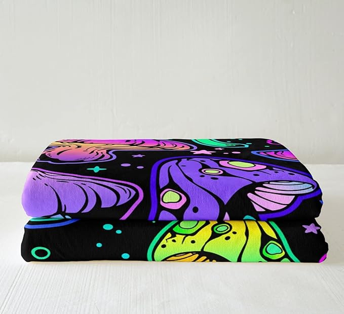 Erosebridal Neon Mushroom Fleece Blanket Cute Kawaii Psychedelic Galaxy Space Throw 40x50 Size Rainbow Fungus Travel Blanket for Kids Boys Girls Room Magic Decor