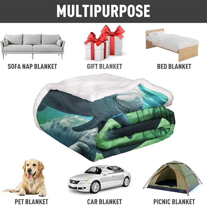 Manatee Family Sherpa Blanket, Animal Print Fleece Throw Blankets for Couch Sofa Bed, Super Soft Warm and Lightweight, 50" x 60"