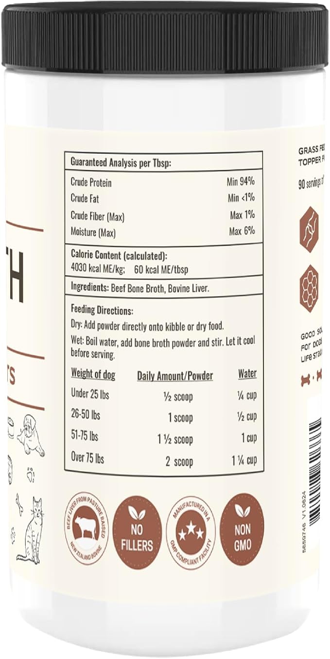 Bone Broth for Dogs and Cats with Beef Liver – Human Grade Grass Fed Beef Bone Broth Powder for Pets – Dog Food Toppers for Picky Eaters - Supports Joints & Gut Health – Freeze Dried Liver - 8oz