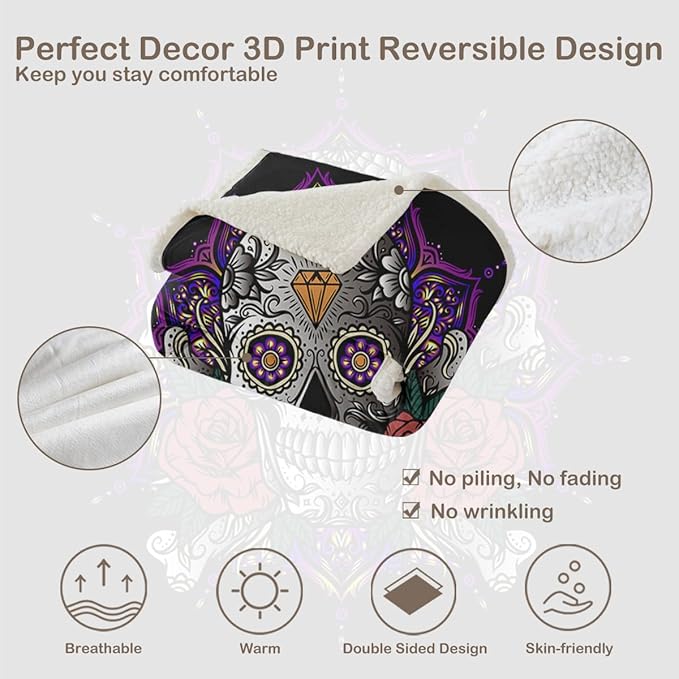 Sleepwish Lotus Skull Fleece Throw Blanket for Kids Girls Boys Soft Plush Purple Mandala Skull Sherpa Blanket for Couch Chair Bed, Queen (90" X 90")