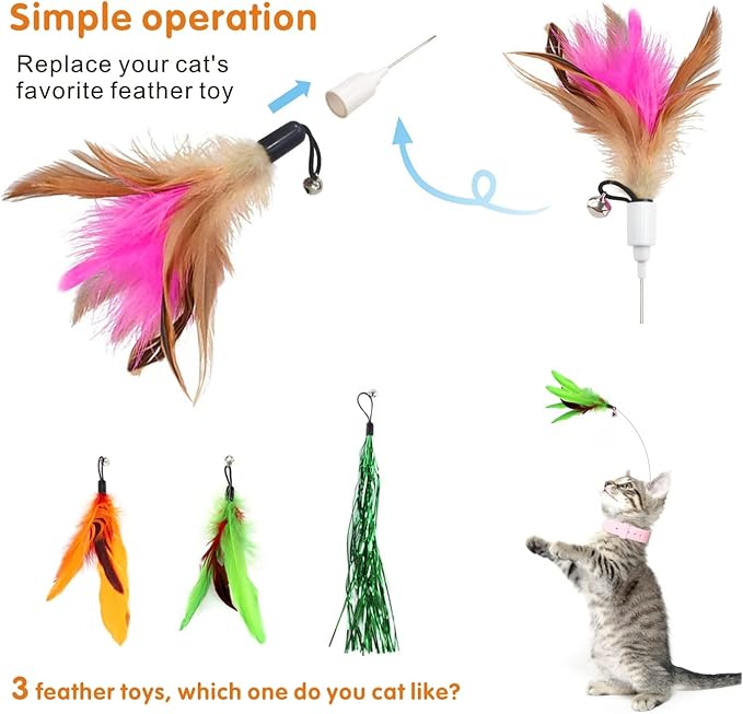 Cat Feather Collar Toy, Interactive Cat Toys for Indoor Cats Self Play Funny Teaser Wand Neck 3-in-1 Cat Collar Toy Feathers with Bell & 3 Refills Hands Free for Cats Play Pink