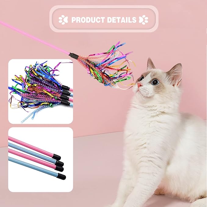 Cat Toy Wand 2PCS Interactive Cat Feather Toy Cat Teaser with Sound Paper Tassels and Soft Line Tube(Pink+Blue)