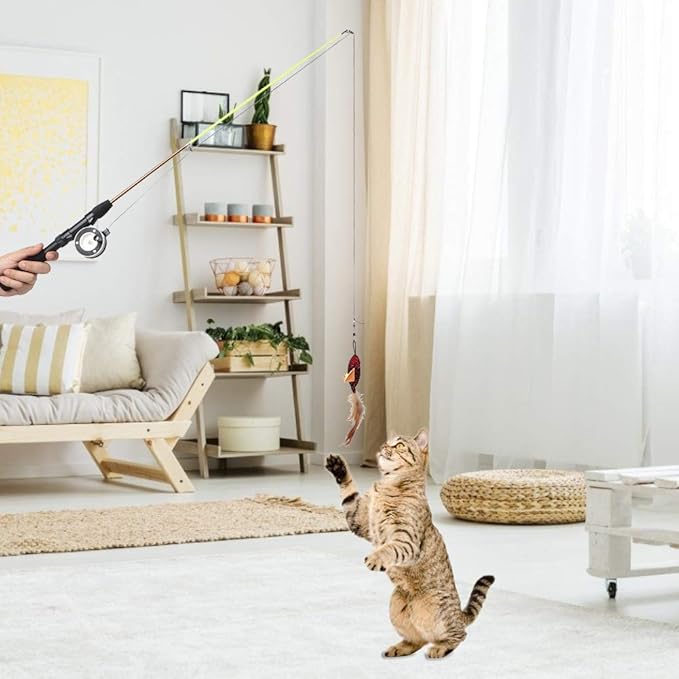 Cat Feather Toys Wand, Plastic Simulation Telescopic Pet Cat Funny Teaser Dangler Rod Stick with Feather, Catnip Interactive Training Toy for Indoor Cats Kitten Play Chase
