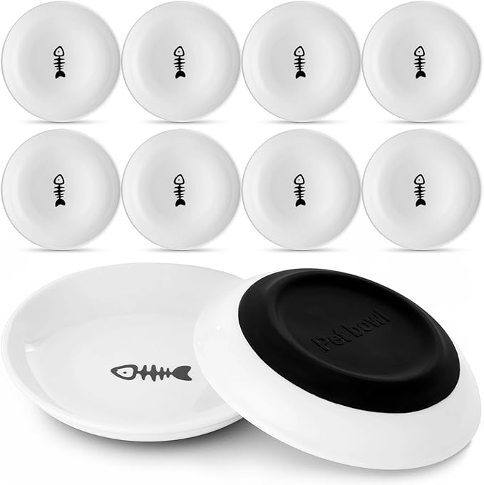 Dorakitten Ceramic Cat Bowls - 10 Pack, No Whisker Fatigue Wide Shallow Cat Dishes with Non-Slip Silicone Bottom, Pet Food & Water Plates, 15cm Diameter