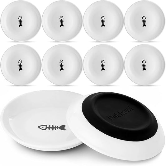 Dorakitten Ceramic Cat Bowls - 10 Pack, No Whisker Fatigue Wide Shallow Cat Dishes with Non-Slip Silicone Bottom, Pet Food & Water Plates, 15cm Diameter