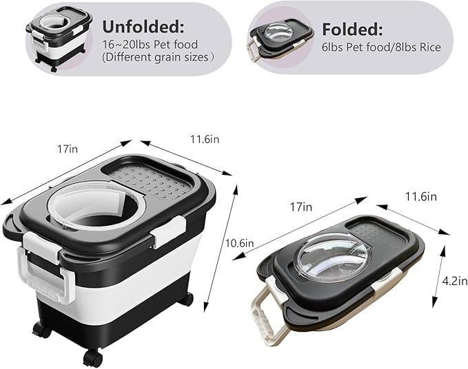 Dog Food Storage Container,Collapsible Dog Food Container with Travel Silicone Bowl and Scoop for Dog/Cat/Bird Food,Keep Dry Food Fresh,Easy to Move.(Black 18LB)