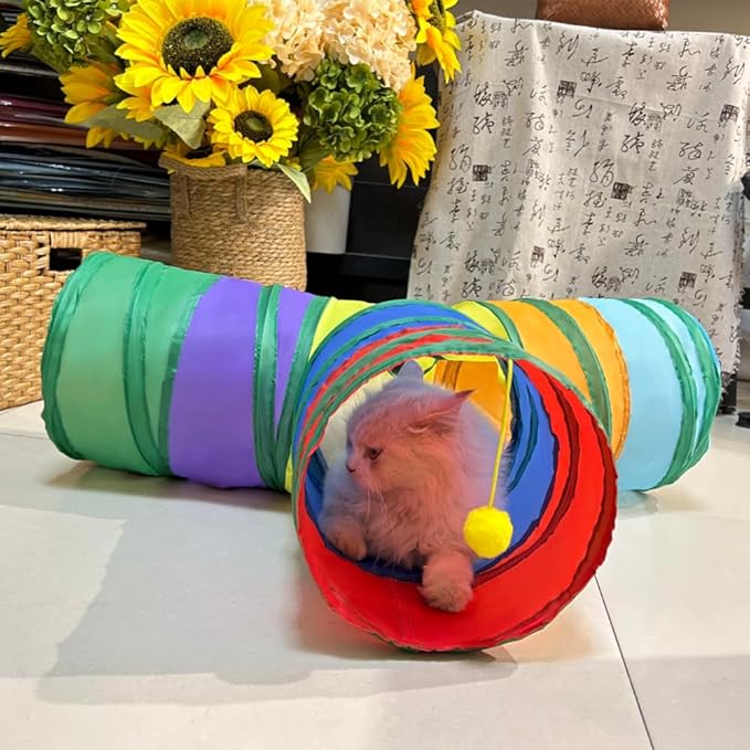 Cat Tunnel Tube Toys, Colorful Tunnels for Indoor Cats, 3 Way Collapsible Interactive Toy Maze House with Peek Holes Dangling Ball for Rabbit, Kitten, Kitty, Puppy