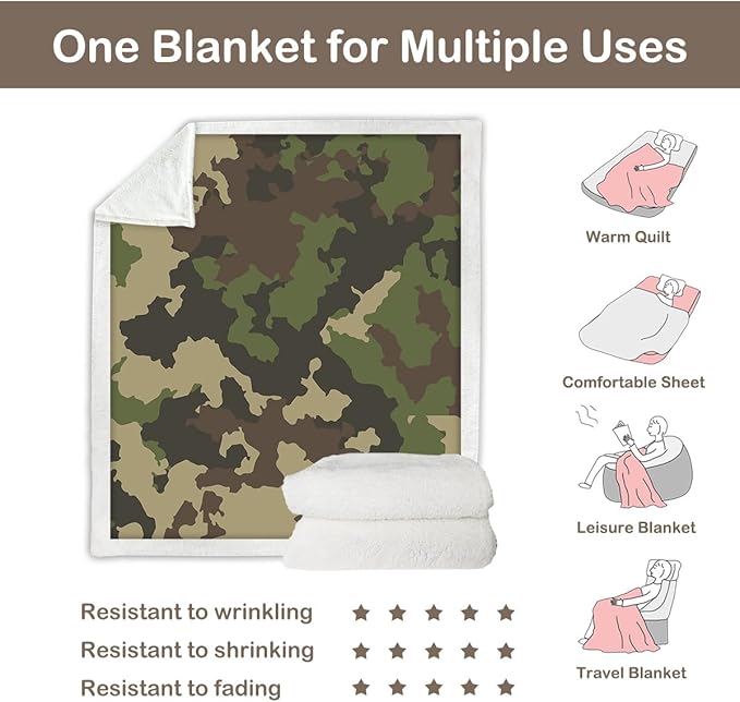 Sleepwish Military Khaki Camo Fleece Throw Blanket for Kids Boys Soft Army Camouflage Sherpa Blanket for Couch Chair, Throw (50" X 60")