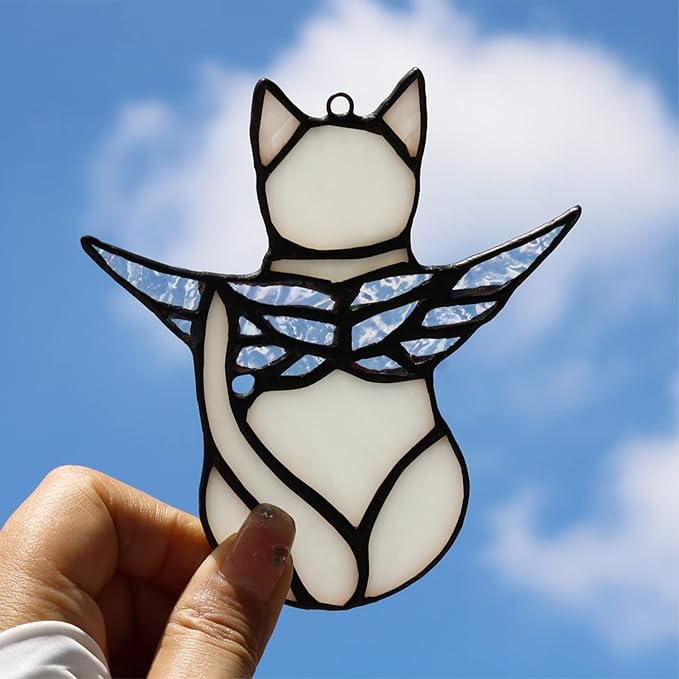 BOXCASA Angel Cat Memorial Gifts Ornaments,Stained Glass Window Hanging Decorations,Angel Wings White Cat Suncatcher Decor,Cat Lovers Gifts Ornaments,Pet Memorial Sympathy Gifts Decoration