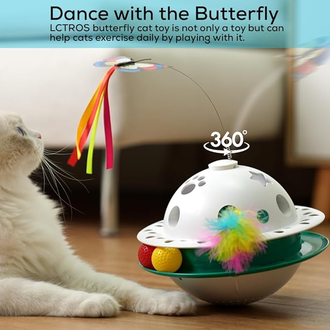 Interactive Cat Toys for Indoor Cats 4 in 1, Flying Butterfly, Shooting Feather, Catnip Balls, Automatic Kitten Toy, Dual Power Supplies & Stylish Design (Green)