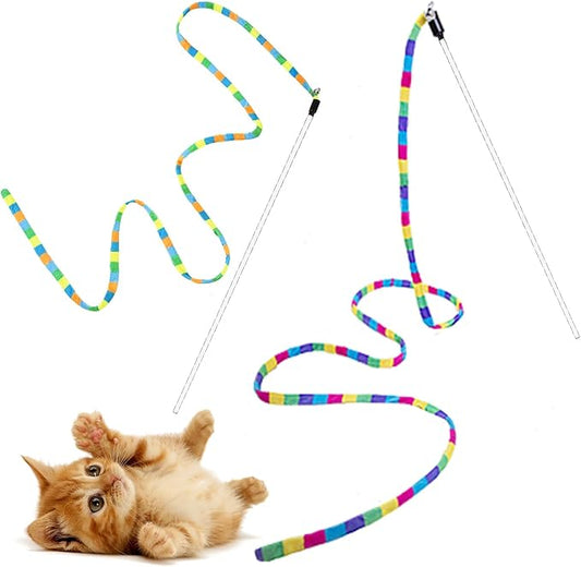 FYNIGO Interactive Cat Rainbow Wand Toys for Indoor Cats and Kittens,Extended Colorful Cat Teaser Wand String Plush Toy,Original Product Strong and Sturdy Pole with Bells(2 Pack)