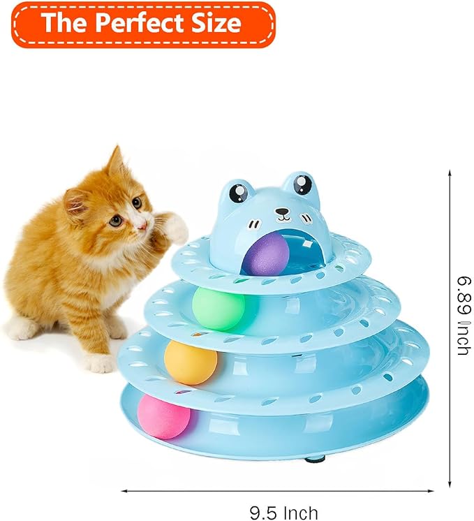 Cat Toys, 4-Level Turntable Ball Track Interactive Cat Toy for Indoor Cats, Self Play Fun Roller with Colorful Rotating Ball Puzzle Exercise Kitten Toys (Blue)