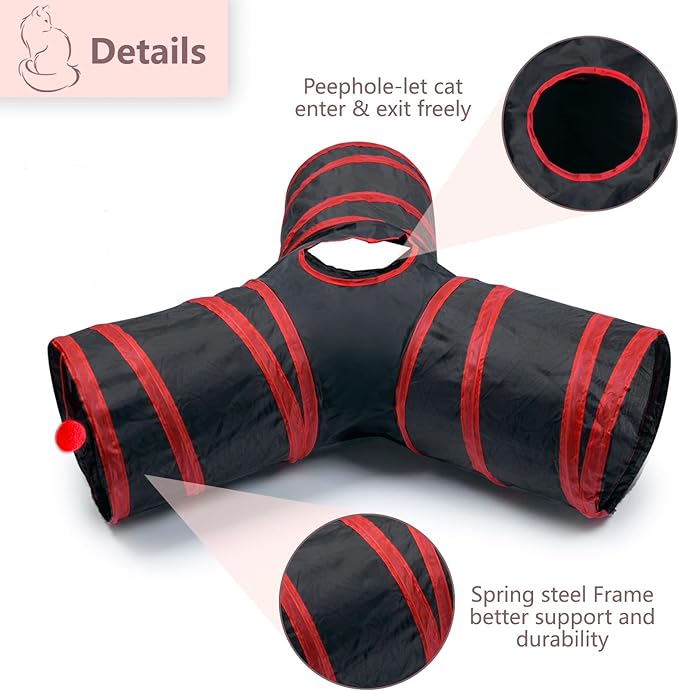 Cat Tunnel, Collapsible Tube with 1 Play Ball Kitty Toys, 3 Ways Cat Tunnels for Indoor Cats, Puppy, Kitty, Kitten, Rabbit (Black and Red)…