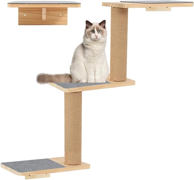 Cat Wall Shelves 3-in-1: Wall-Mounted Cat Ladder, Cat Steps, Cat Stairs, Scratching Post, Jumping Platform, Cat Tree, and Perch for Climbing & Napping – Ideal for Active Cats