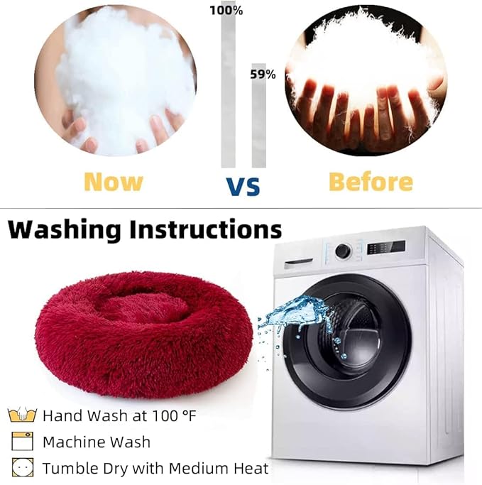 Cat Beds for Indoor Cats - Cat Bed Washable 24 inches, Dog Beds for Small Medium Dogs, Anti Anxiety Round Fluffy Plush Faux Fur Cat Bed, Thick Bottom (Red, Large)